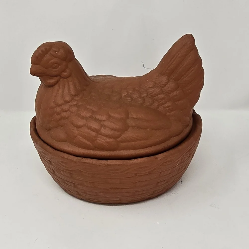 Vtg Terracotta hen on nest basket baker trinket‎ box glazed country cottagecore